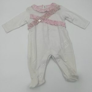 Le-bebè Tutina bianca e rosa a manica lunga in cotone