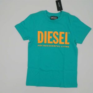 Diesel T-shirt manica corta turchese con stampa centrale gialla