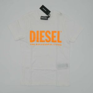 Diesel t-shirt bianca con logo centrale arancio fluo