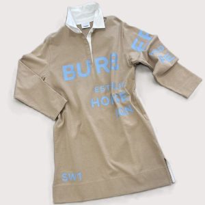Burberry Abito beige con colletto bianco e stampe azzurre