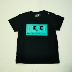 Diesel T-shirt mezza manica nera con stampa logo verde acqua