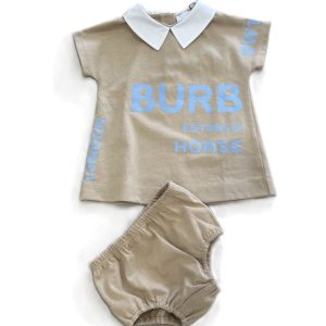 Burberry Abito beige con colletto bianco e stampe azzurre con culotte