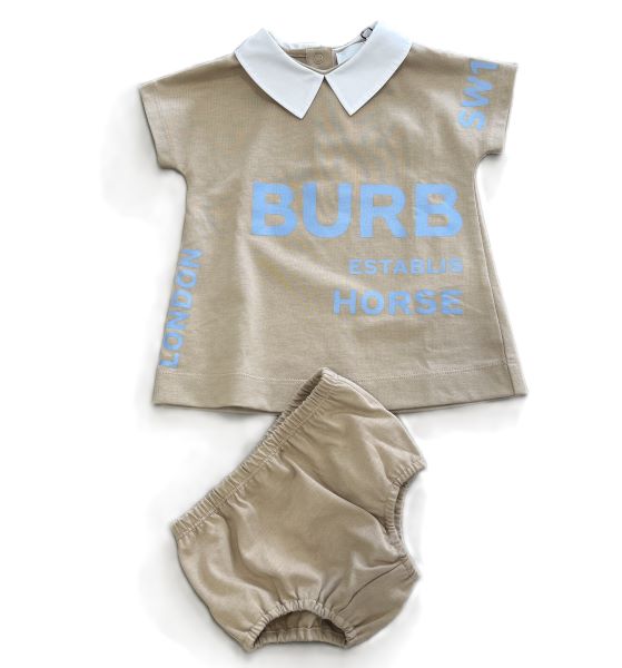 Burberry Abito beige con colletto bianco e stampe azzurre con culotte