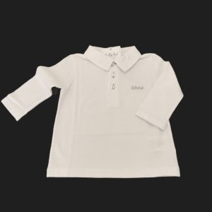 Le-bebè Maglia polo 3 bottoni, manica lunga, bianca con logo celeste