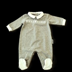 Bikkembergs Tutina neonato in cotone grigio, manica lunga e colletto bianco