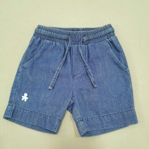 Le Bebè Bermuda in jeans blu con logo celeste ricamato