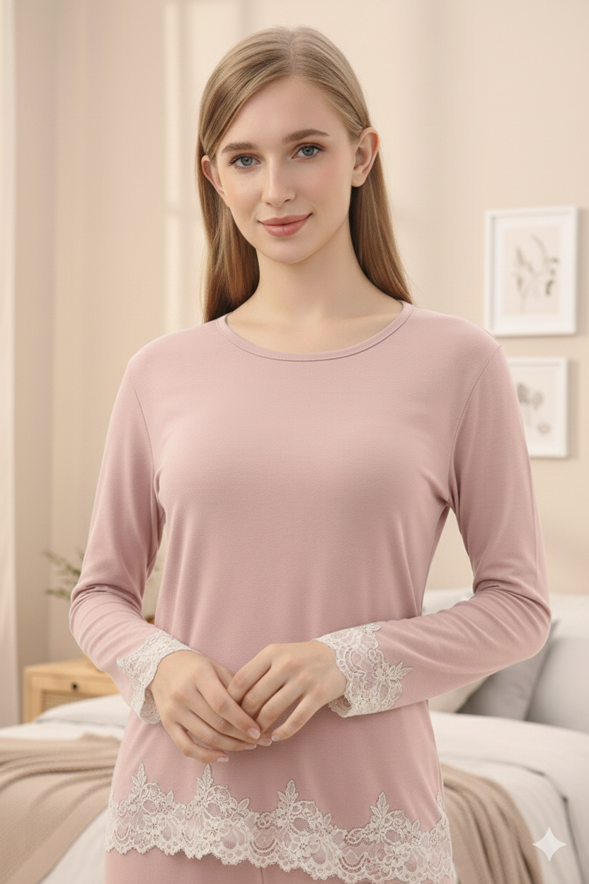 Pigiama donna Elegance in Viscosa Naturale con inserti di pizzo bianco – Rosa Cipria. - immagine 5