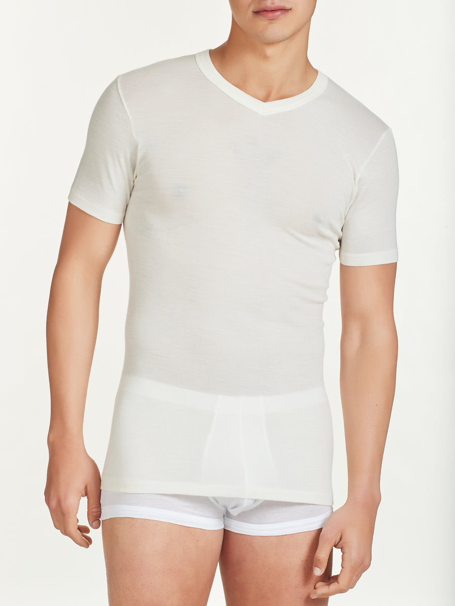 Maglia Ragno uomo in lana e seta mezza manica con scollo a V