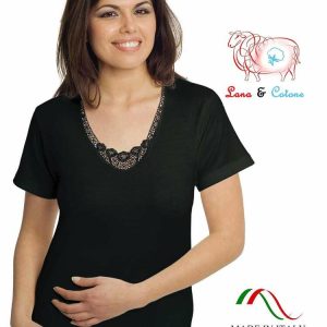 Maglia donna marca Leable modello a mezza manica  scollo a V con pizzo Lana e Cotone colore nero articolo 95 – Made in Italy