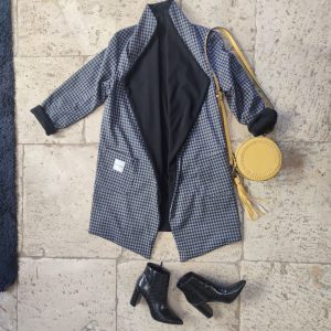 Cappotto comodo fluido reversibile in lana nero - blu - grigio