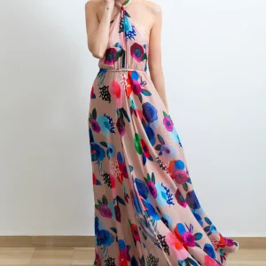 Abito Red Carpet Lungo con scollatura ad incrocio fantasia rosa