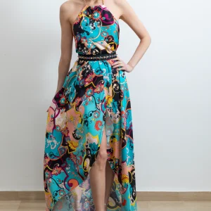 Abito Red Carpet lungo in satin fantasia optical con scollo americano e spacco