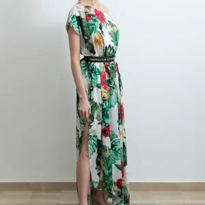 Abito Red Carpet Monospalla Lungo in satin con spacco laterale fantasia fiori tropicali