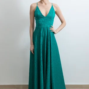 Abito Red Carpet verde smeraldo in pizzo 3D con scollo a V