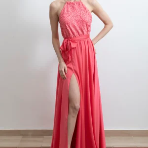Abito Red Carpet lungo in satin corallo e pizzo 3D con scollo americano e spacco