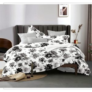 Copripiumino matrimoniale con federe – collezione “Fiori in Bianco e Nero” –