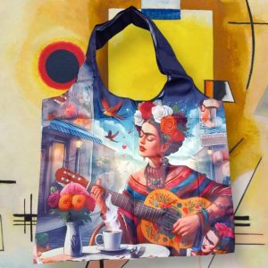 Shopping bag serie “quadri d’ autore” di Frida Kalo” modello autoritratto con chitarra