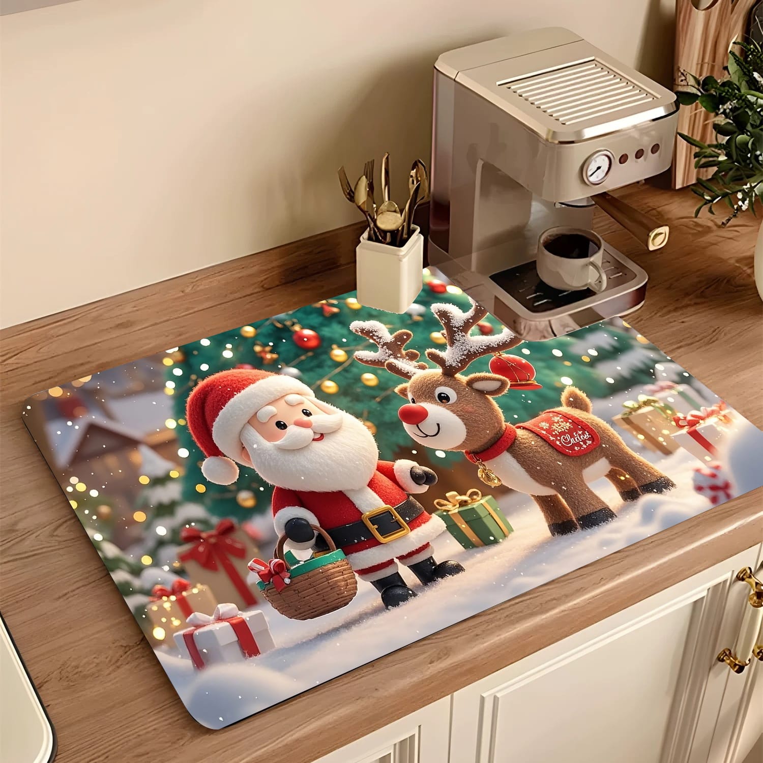 Tappetino natalizio da cucina super assorbente modello “Babbo Natale con baby renna” in microfibra vulcanizzata 40X50cm