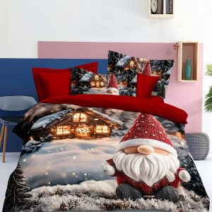 – Copripiumino matrimoniale Double Face Natalizio con Federe Coordinate – 🏠Baita con Gnomo Natalizio