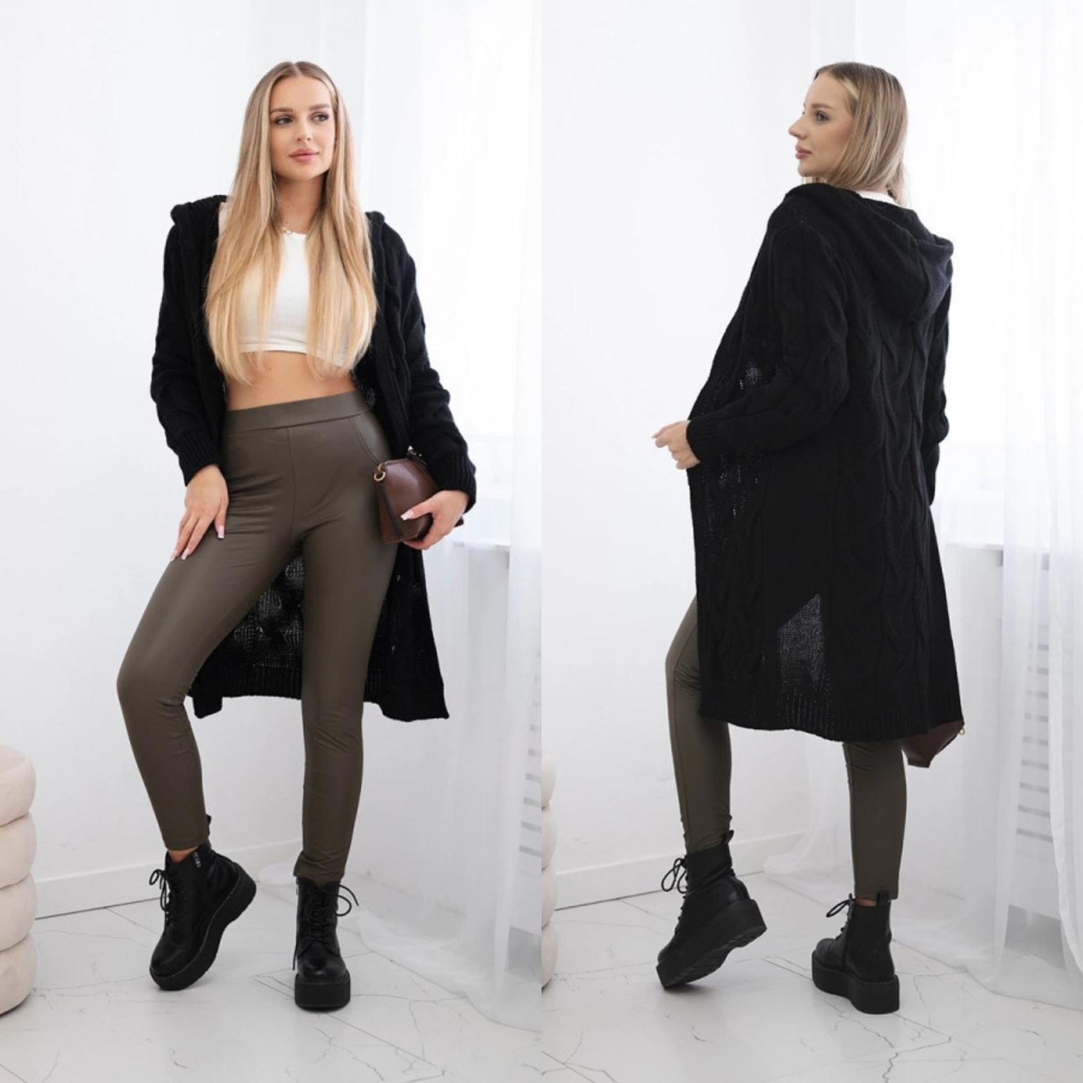 Cardigan donna nero modello Londra con maglia ad intreccio e cappuccio