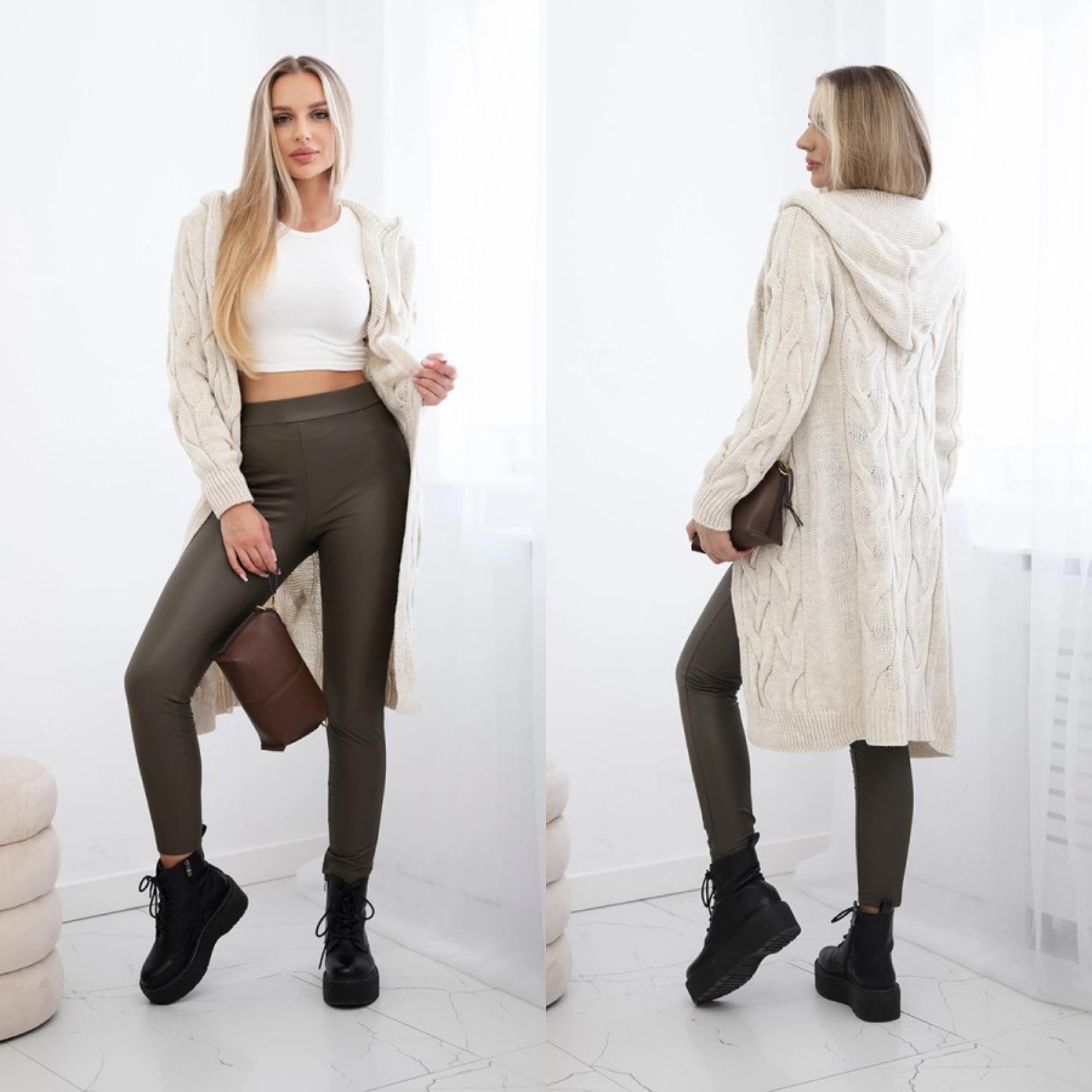 Cardigan donna beige modello Londra con maglia ad intreccio e cappuccio - immagine 2