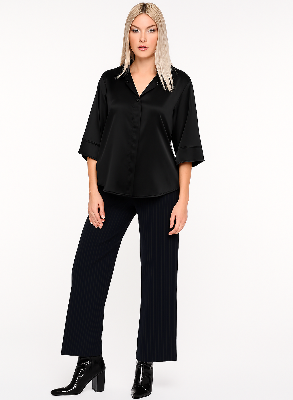 Blusa satinata donna colore nero satinata con maniche a tre quarti - immagine 3