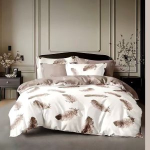 Copripiumino matrimoniale con federe coordinate –  design piume in colore marrone