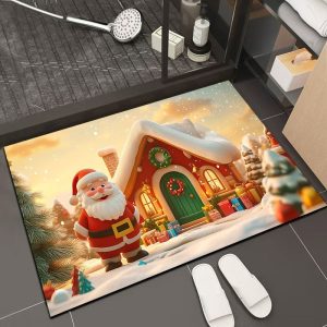“Tappeto natalizio con casetta innevata e Babbo Natale – 50×80 cm antiscivolo”