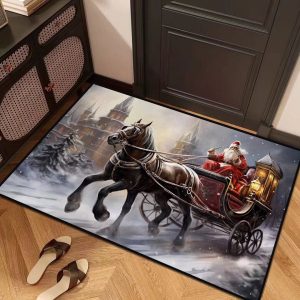 Tappeto Natalizio 50×80 cm – Babbo Natale in Carrozza nel Bosco Incantato