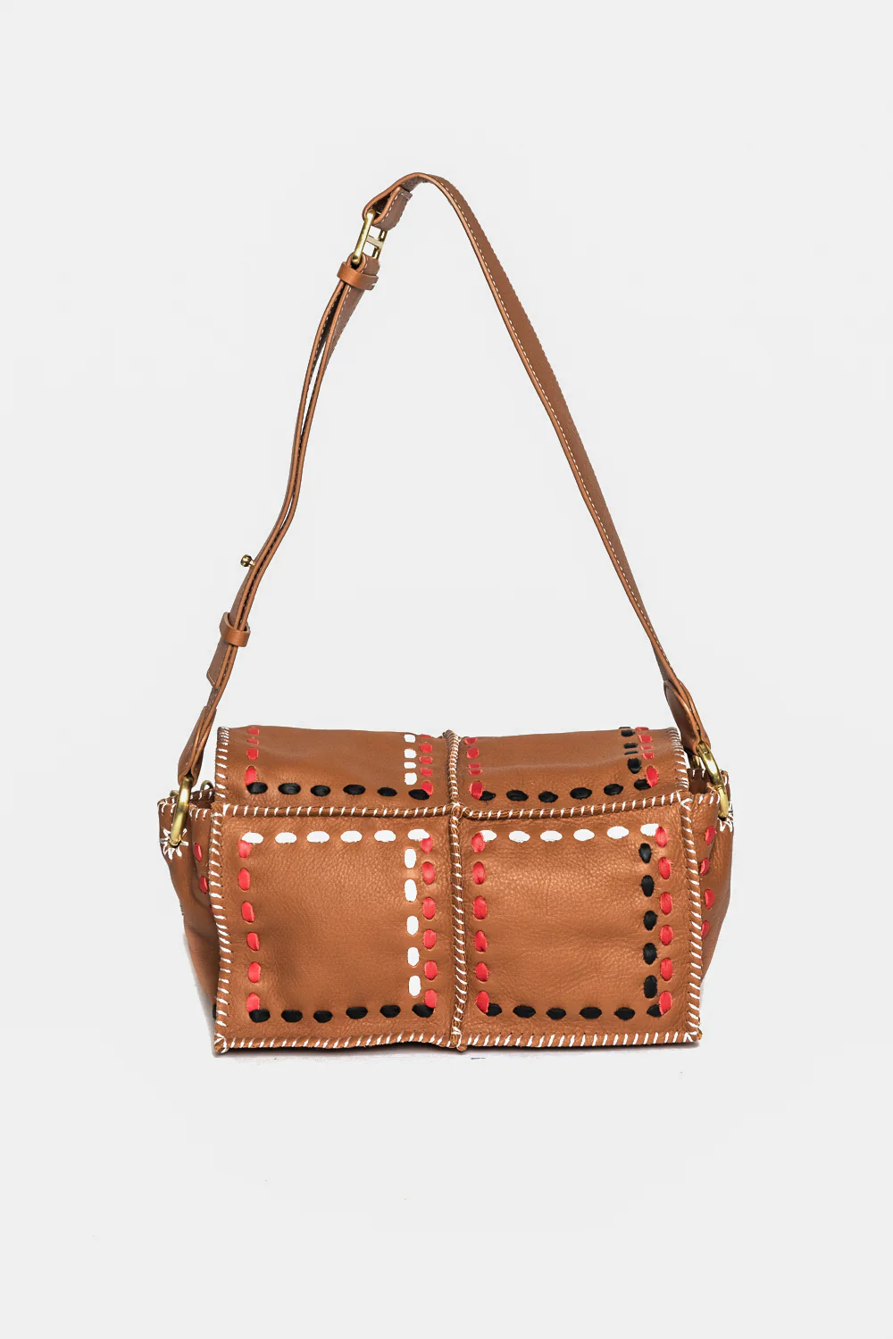 Tracolla Jamin Peuch patchwork in pelle marrone jonu SH tartan - immagine 2