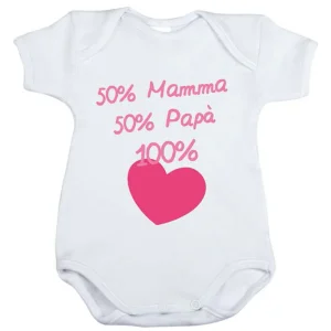 Body mezza manica in cotone con stampa "50% mamma 50% papà 100% Cuore"
