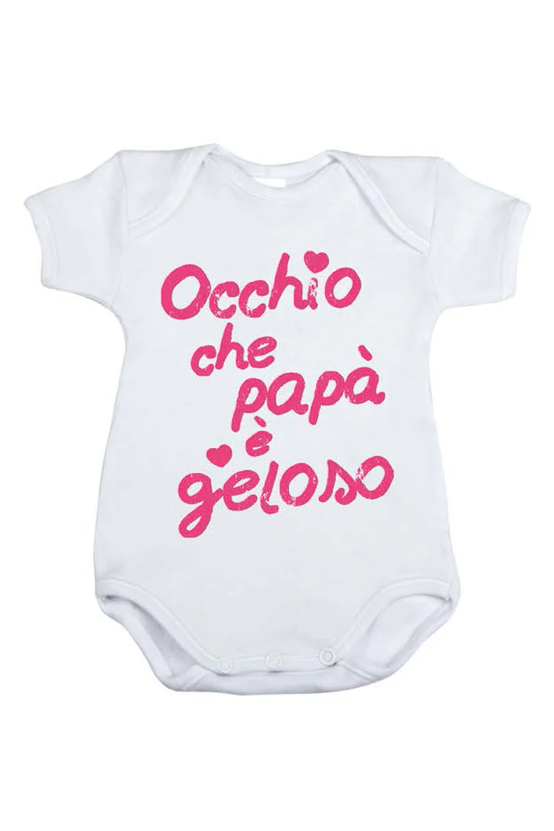 Body mezza manica in cotone con stampa "Occhio che papà é geloso"