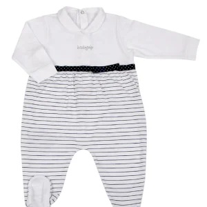 Tutina in jersey rigata con nastro a pois e strass