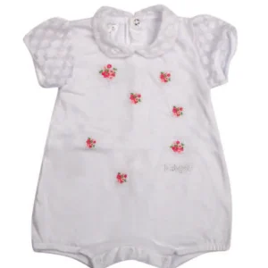 Pagliaccetto in jersey con ricamo fiori ed inserti in pizzo con strass