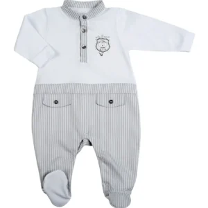 Tutina in piquet con inserti in piquet a navetta rigato, colletto alla coreana e stampa