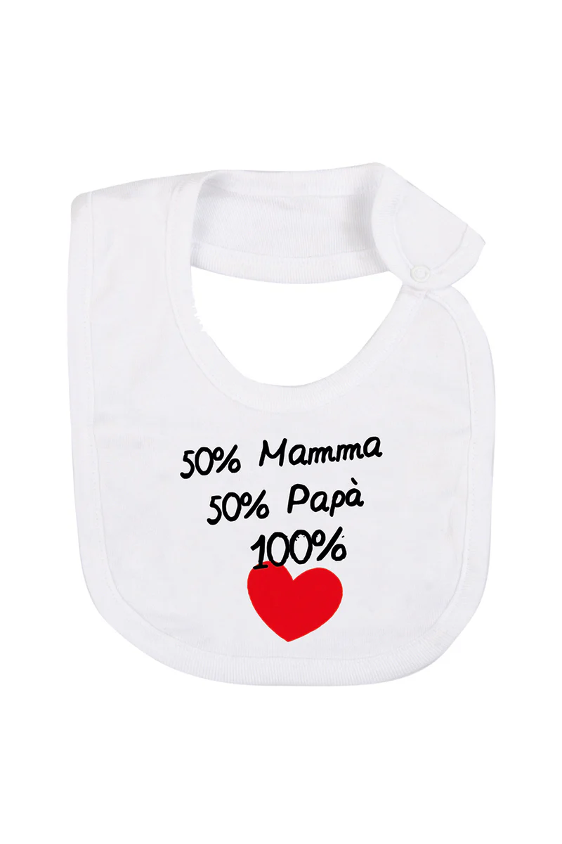 Bavetta in cotone con stampa "50% mamma 50% papà 100% love" - immagine 2