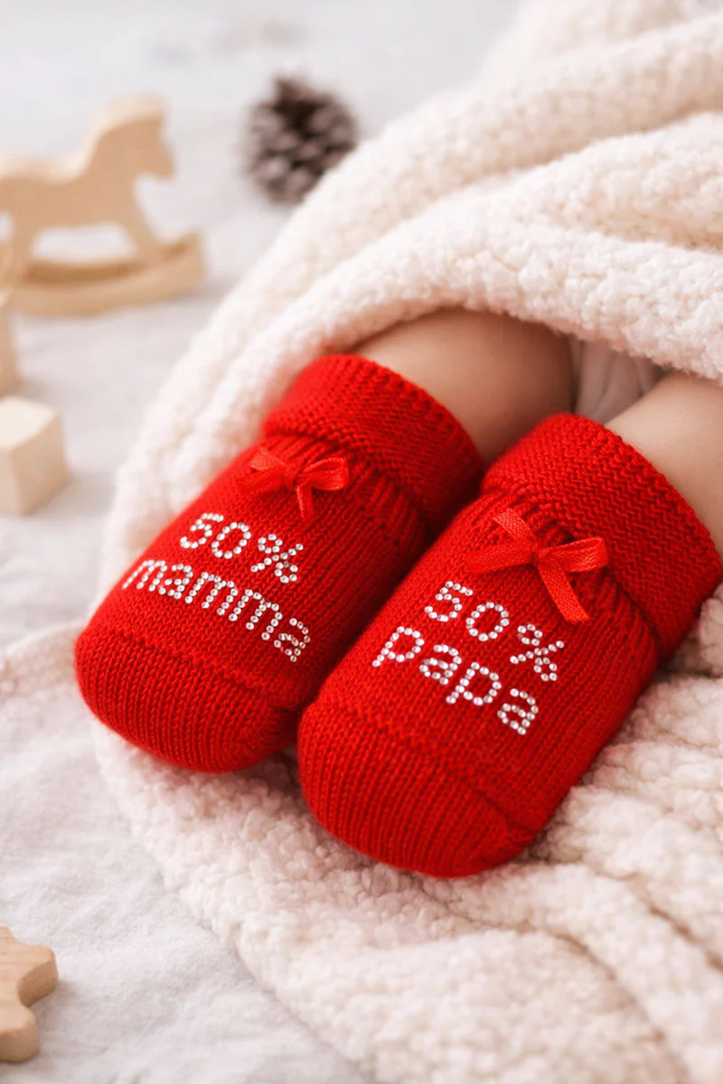 Scarpina neonato in cotone caldo con strass "50% papà 50% mamma" - immagine 3