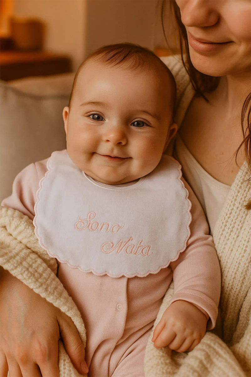Bavetta neonato in cotone con ricamo "Sono Nato" - immagine 2