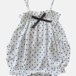 Pagliaccetto spalla stretta in cotone a pois con  fiocchettini e strass