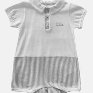 Pagliaccetto mezza manica in cotone con inserti rigati e ricamo