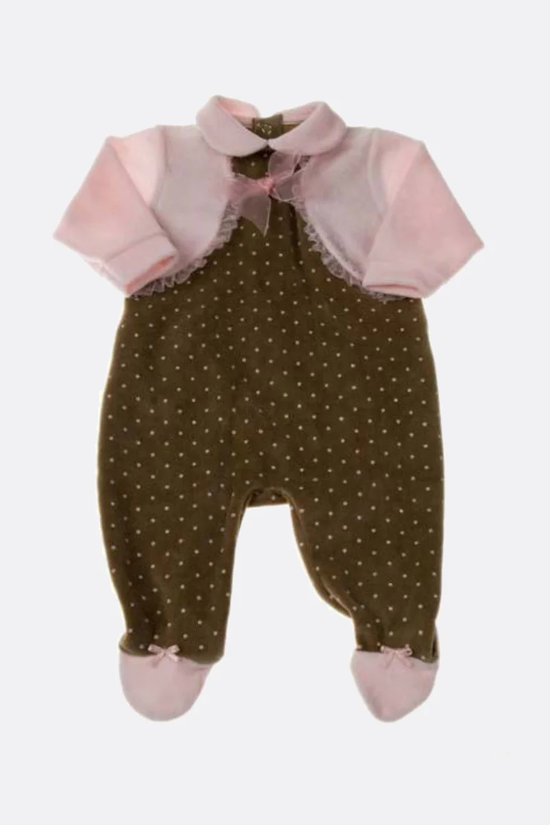 Tutina neonata in ciniglia fantasia a pois con fiocco e strass