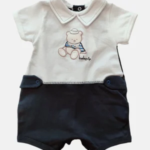 Pagliaccetto in cotone piquet elasticizzato con ricamo orsetto