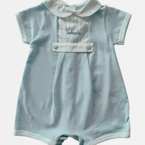 Pagliaccetto mezza manica in cotone elasticizzato con inserti in tela rigata e ricamo babyvip