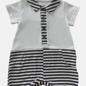 Pagliaccetto mezza manica in cotone elasticizzato con colletto ed inserti rigati