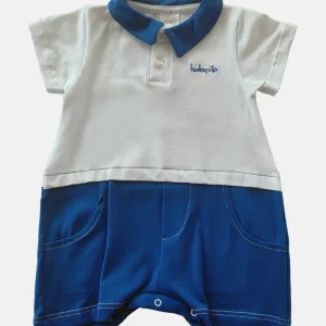 Pagliaccetto mezza manica in cotone elasticizzato con colletto e ricamo