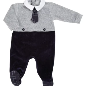 Tutina in ciniglia con cravattino e inserti scozzesi