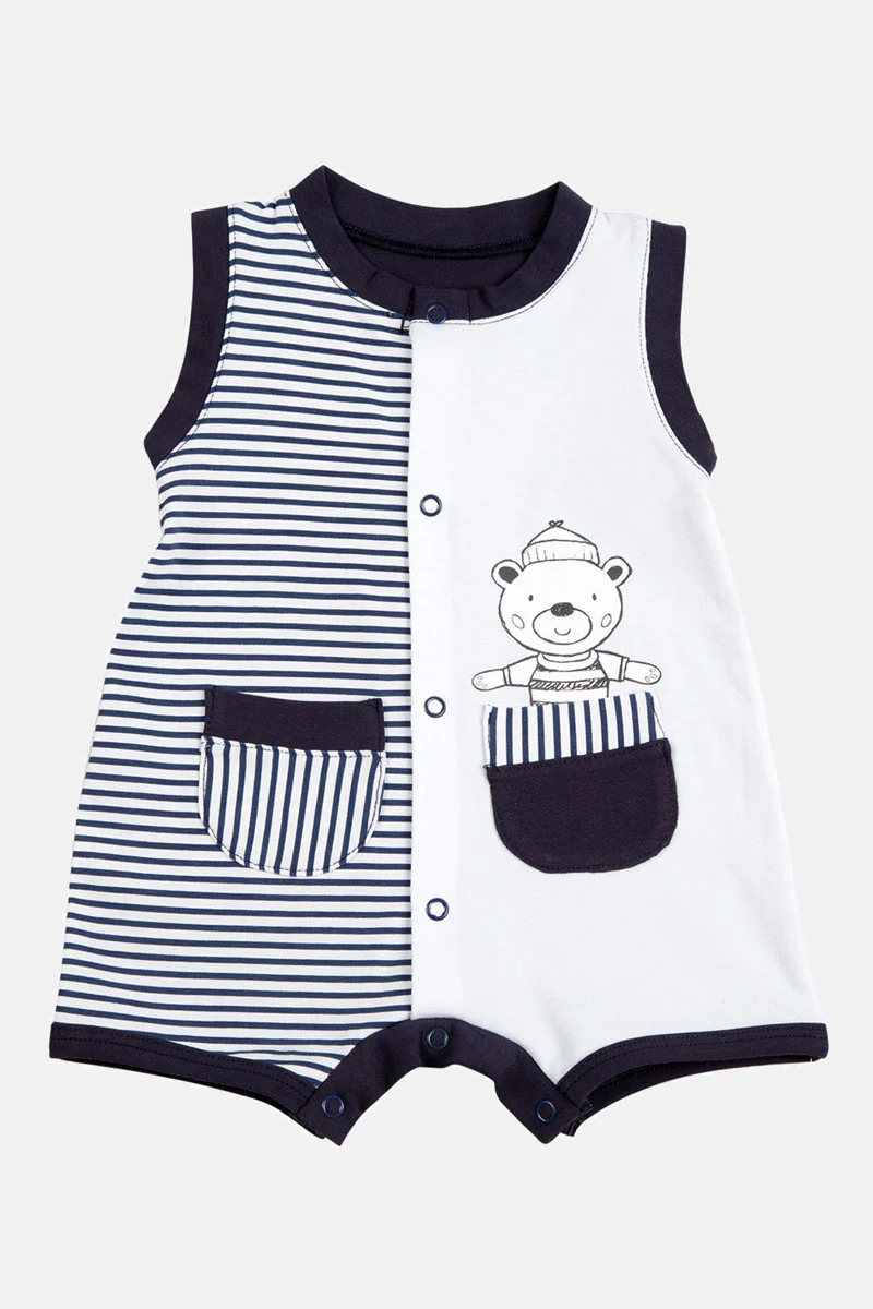 Pagliaccetto spalla larga in cotone elasticizzato con inserti rigati e stampa - immagine 2