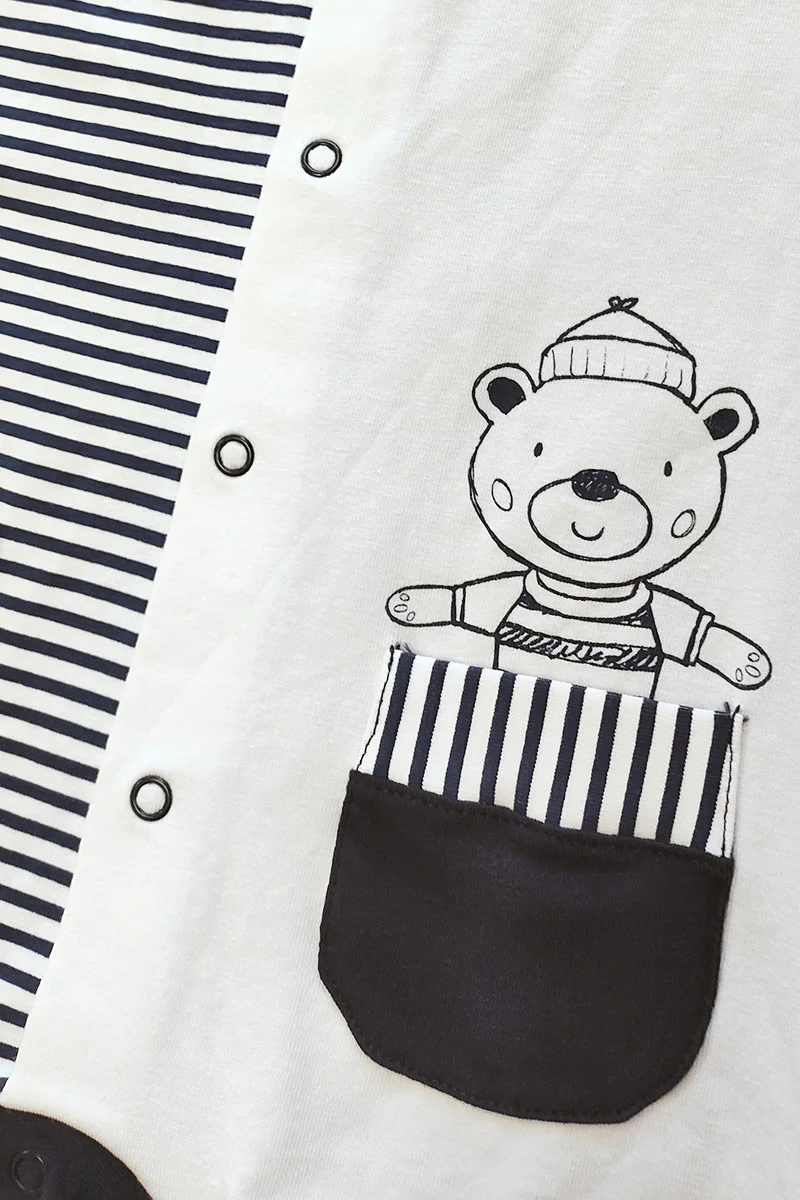 Pagliaccetto spalla larga in cotone elasticizzato con inserti rigati e stampa - immagine 3