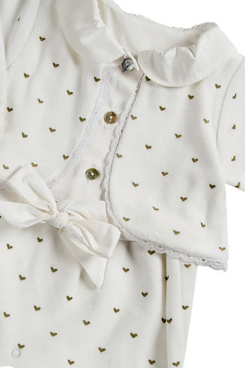 Tutina in ciniglia con cuoricini oro e inserti in tela - immagine 3