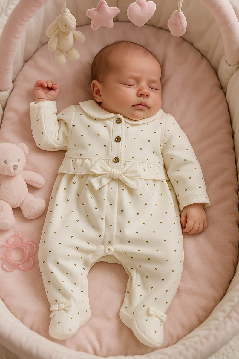 Tutina in ciniglia con cuoricini oro e inserti in tela